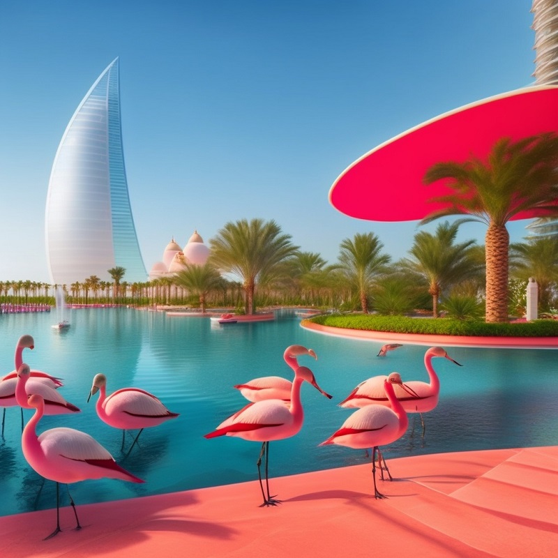flamingos near the Burj al arab hotel in Dubai
